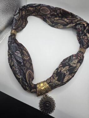 Vintage-Inspired Brown Paisley Silk Scarf Necklace with Gold Pendant